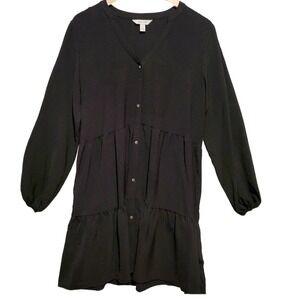 Nine West Dress‎ M Black Dress Tiered Skirt Button Up Long Sleeve
